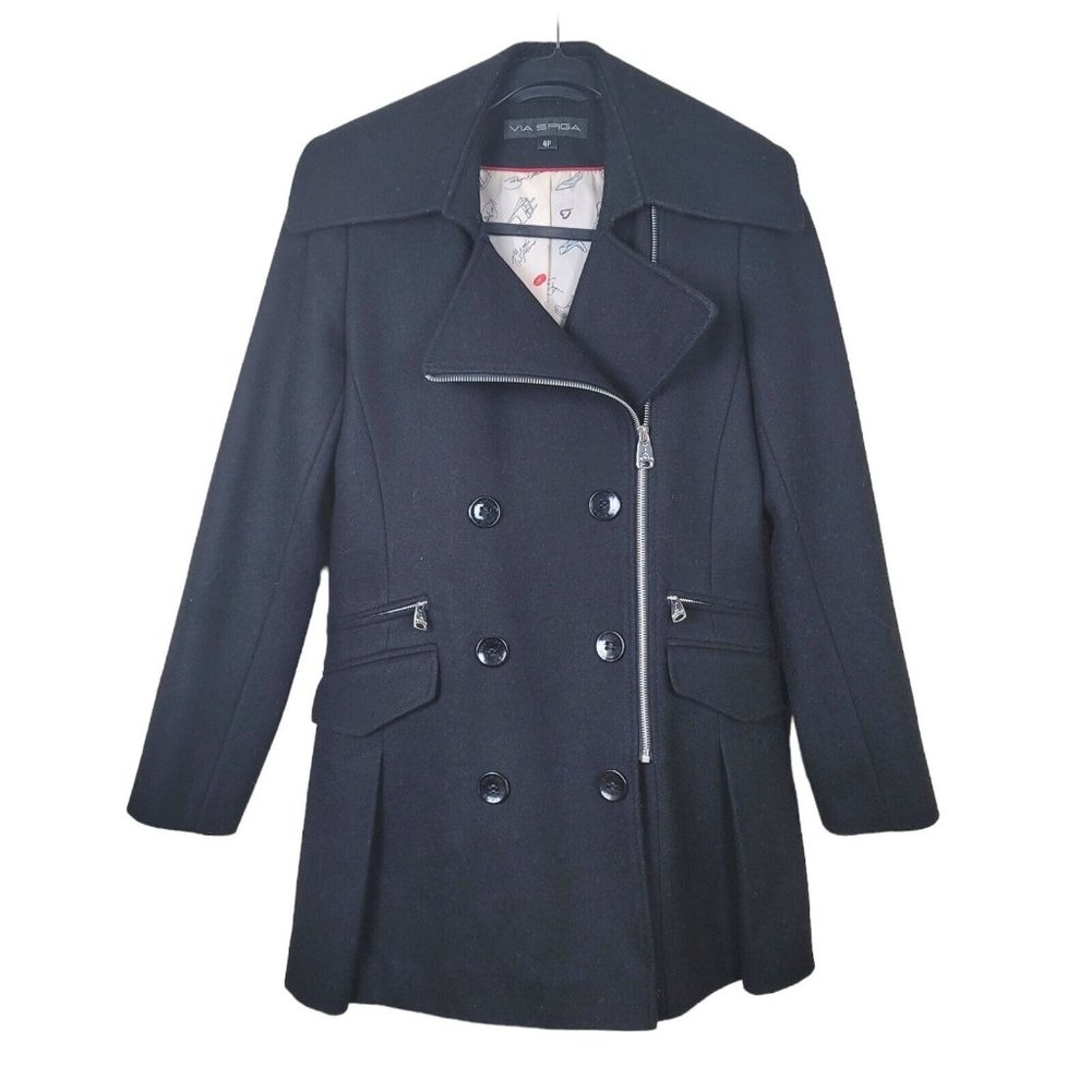 Via Spiga Coat 4P  Womens Black Jacket Asymmetrical-Zip Wool-Blend